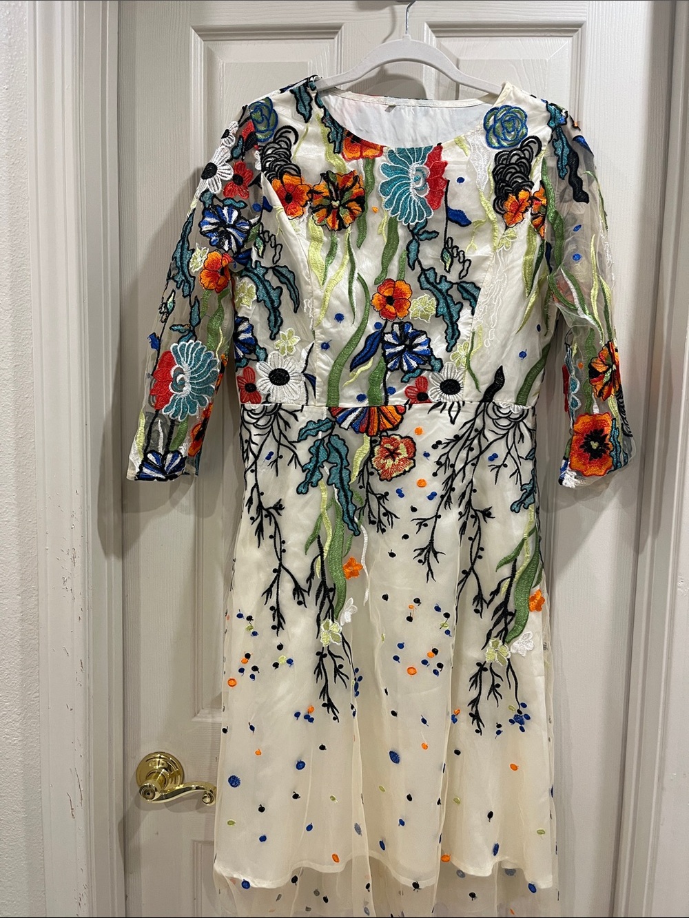 Embroidered Floral Midi Dress in Ivory with Multicolor Blooms